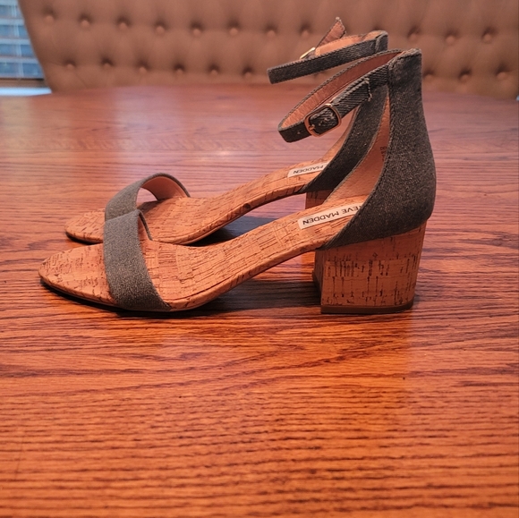 Steve Madden Blue Denim Block Cork Open Toe Shoes Heels Sandals - Picture 6 of 9